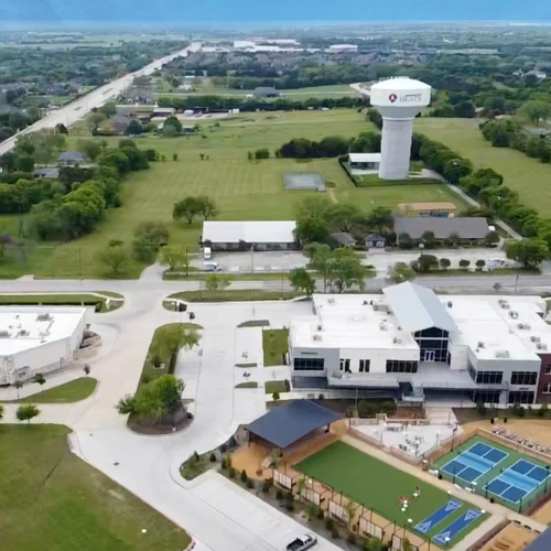 Aerial view of Heath, Texas, with the city water tower