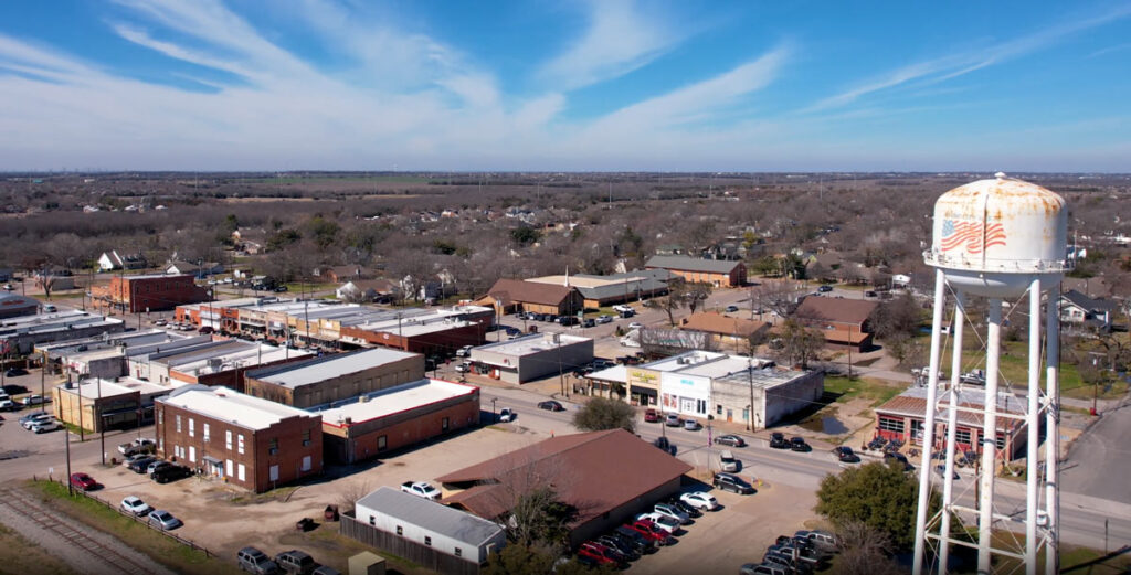 Aerial view of downtown Royse City, Texas, and its water tower