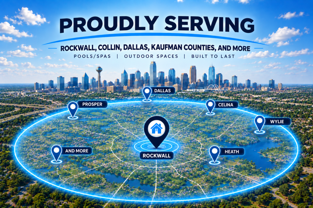 Service area map for Blue Wave Outdoor Living, pool builder — Rockwall, TX, Dallas, Collin and Kaufman counties